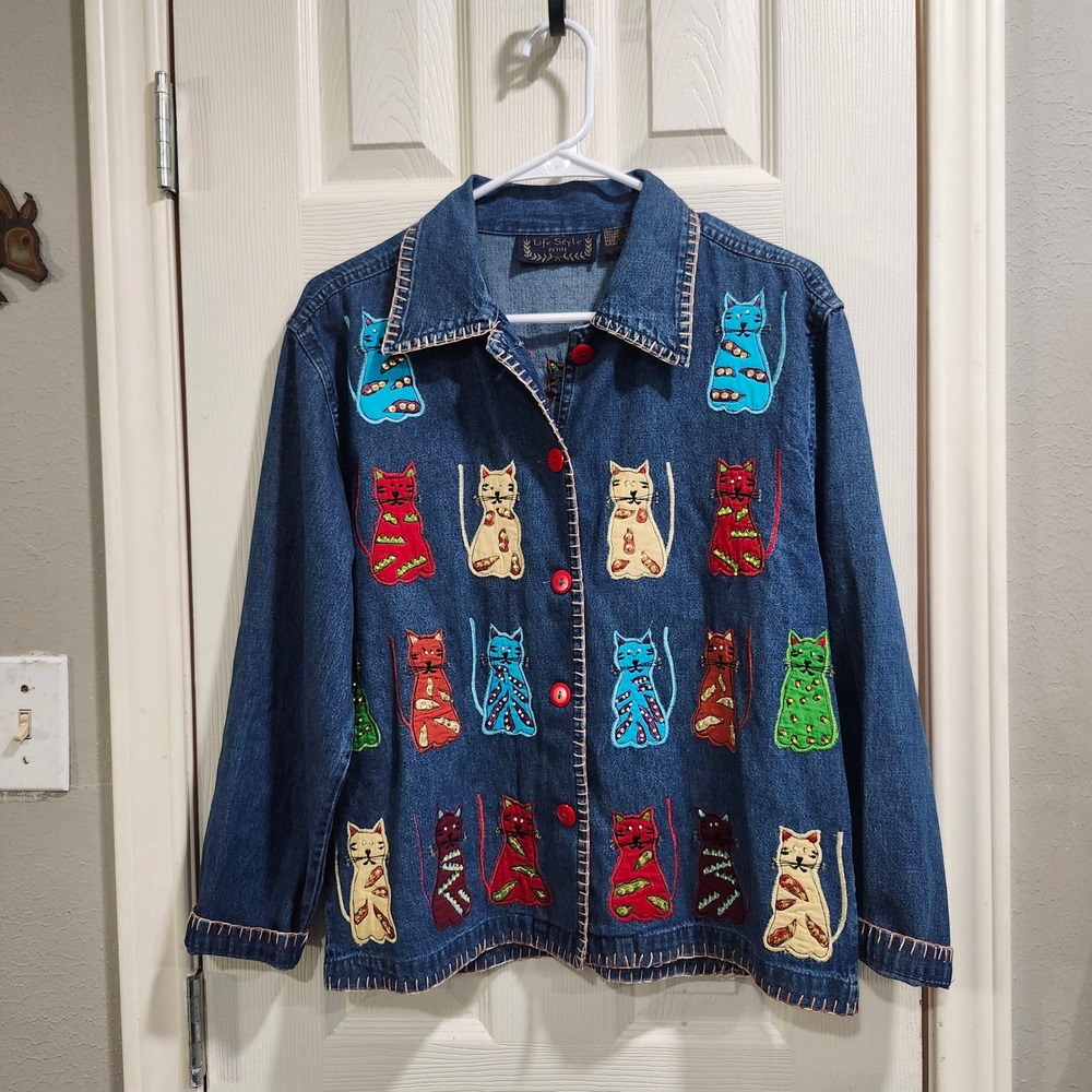 Life Style Petite Denim Cat Jacket Embroidered Sequin Button Up Blue Womens PM